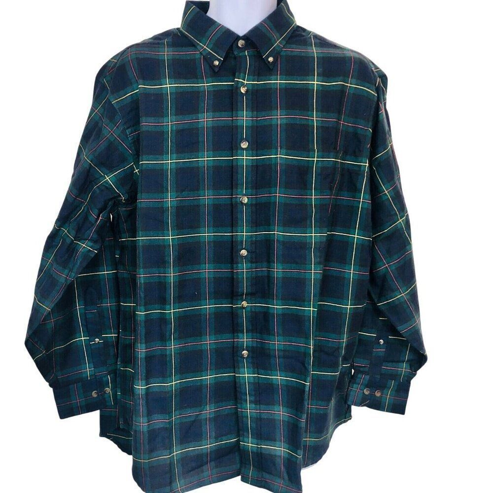 Vintage 80s Lands End Shirt Mens L Blue Green Plaid Long Sleeve Wool Blend